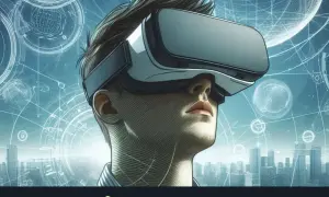 Un hombre con gafas de RV explora un mundo digital, ilustrando qué es el metaverso y cómo funciona.
