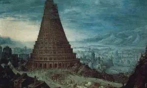 Wieża Babel streszczenie: monumentalna budowla wznosi się nad miastem, wokół niej ruch budowlany i ludność.