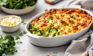 Un délicieux gratin de brocolis tout juste sorti du four, gratiné à souhait et parsemé de persil frais. À côté, un bol de fromage râpé et des bouquets de brocolis crus.