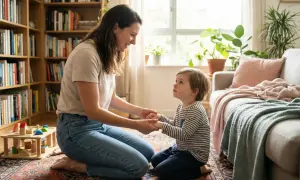 Mama i dziecko trzymają się za ręce, wspierając rozwój dziecka w przytulnym pokoju z książkami i zabawkami.