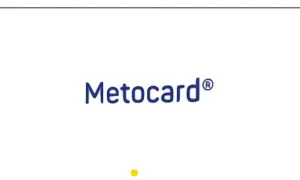Niebieski napis Metocard® na białym tle.