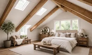 Dormitorio acogedor con techos con vigas de madera vistas, tragaluces y una cama confortable.