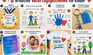 8 kreative Vatertagsgeschenke für Kinder: Medaille, Bild, Handabdruck, Schlüsselanhänger, geheime Botschaft, Foto-Kombi, T-Shirt und Erinnerungsbild. Tolle Ideen zum Basteln Vatertag Kinder!