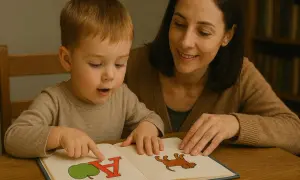 Mama uczy 5 latka czytać. Chłopiec z zaciekawieniem wskazuje palcem na literę "A" w książeczce.