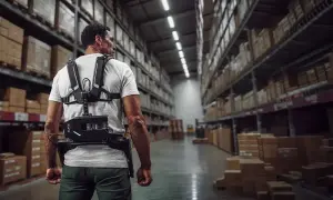 Un uomo indossa un'imbracatura, un esempio di cos'è l'esoscheletro, in un magazzino pieno di scaffali.
