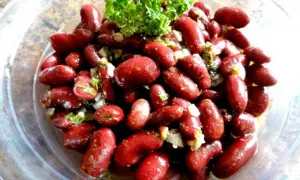 Ein köstlicher Kidneybohnen Salat, garniert mit frischer Petersilie und fein gewürfelten Zwiebeln. Perfekt für jede Mahlzeit.