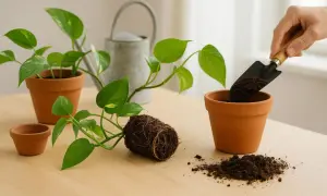 Umtopfen einer grünen pothos pflanze mit Wurzelballen und Erde auf einem Holztisch.