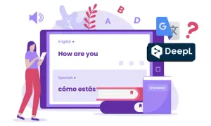 Kobieta korzysta z translatora, by przetłumaczyć tekst. Widoczne logo DeepL i Google Translate sugerują wybór narzędzia do tłumaczenia, np. DeepL niemiecki.