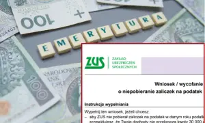 Wniosek o niepobieranie zaliczek na podatek, wzór pisma o przejście na emeryturę, na tle polskich banknotów.