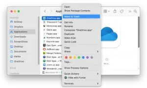 Jak usunąć aplikacje z MacBooka: kliknij prawym przyciskiem myszy na OneDrive.app i wybierz "Przenieś do kosza".