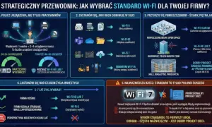 Wybór Wi-Fi 6, 6E lub 7 zależy od liczby urządzeń, ruchu w sieci, wielkości biura i budżetu. Dobry projekt sieci jest kluczowy.