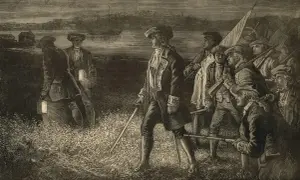 Män med facklor och gevär i mörker, en scen som kan illustrera orsaker till amerikanska revolutionen. En stad syns i bakgrunden vid vattnet.