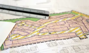 Mappa dettagliata con linee, numeri e simboli, usata per i dati di classamento. Un righello è appoggiato sopra, pronto per misurazioni precise.