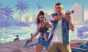 Para, która przygotowuje się do akcji w GTA 6 na PS4, z pistoletami w dłoniach, na tle miasta i policyjnej łodzi.
