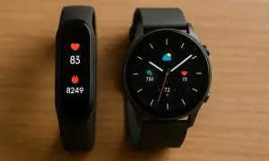 Deux montres connectées sur un bureau en bois. L'une affiche le rythme cardiaque et les pas, l'autre la météo et le rythme cardiaque. Apprenez comment activer le bluetooth sur une montre connectée.