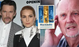 Ethan Hawke, Noomi Rapace och filmaffisch för "Stockholm" som skildrar norrmalmstorgsdramat med Janne Olsson. Även en bild på en äldre man.