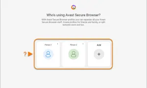 Avast Secure Browser pozwala tworzyć profile dla każdego użytkownika, np. "Osoba 1", "Osoba 2", ułatwiając organizację.