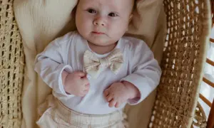 Ubranko do chrztu dla chłopca lato: biały body z muszką w kratkę i beżowe spodenki. Maluch leży w wiklinowym koszu.