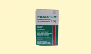 Opakowanie leku Prestarium na nadciśnienie. Zawiera 30 tabletek powlekanych 5 mg.