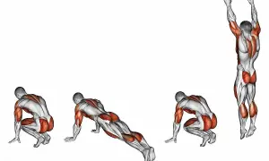 Secuencia de un hombre realizando burpees, mostrando las fases de sentadilla, plancha, y salto vertical.