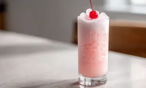 En rosa pantern drink, isig och toppad med ett körsbär, ser uppfriskande ut på en ljus bänk.