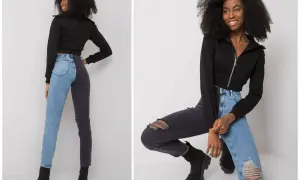 Modne stylizacje z jeansami: dwukolorowe spodnie i czarna bluza z zamkiem.