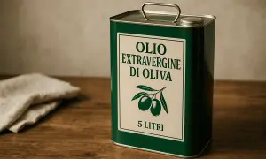 Latta verde da 5 litri di olio extravergine di oliva, con etichetta bianca e disegno di olive. Quanto tempo può stare l'olio nella latta? La conservazione è fondamentale.