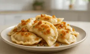 Talerz pełen pysznych, domowych pierogów ruskich, polanych skwarkami i posypanych szczypiorkiem.