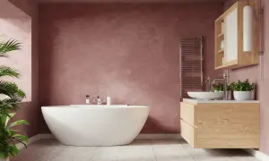 Un baño moderno con bañera independiente y tocador de madera. Las paredes de color rosa empolvado y las plantas aportan un toque acogedor a estos baños rústicos.