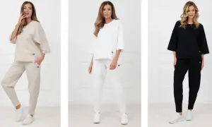 Eleganckie dresy w kolorach beżowym, białym i czarnym. Idealne na Wielkanoc, gdy chcesz wyglądać stylowo i czuć się komfortowo.