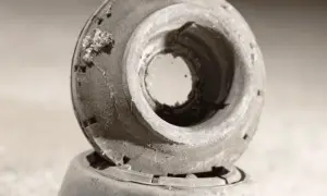 Biellette de barre stabilisatrice usée, cause probable du bruit. Pièce en caoutchouc craquelé et sale.