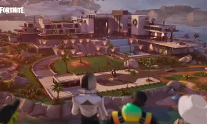 Luksusowa willa z basenem i palmami, widok na morze. Gracze Fortnite przygotowują się do akcji w Fortnite sezon 4.