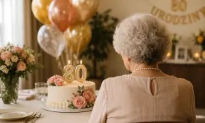 Uroczysta 80. rocznica urodzin z tortem, świecami i balonami. Piękne życzenia na 80 urodziny dla solenizantki.