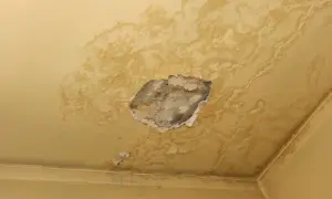 Uszkodzony sufit z zaciekami i dziurą. Dowiedz się, jak naprawić uginające się panele i przywrócić estetykę wnętrza.