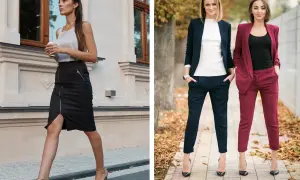 Elegancka stylizacja na imprezę: czarna spódnica z zamkiem i dwie kobiety w garniturach – granatowym i bordowym.