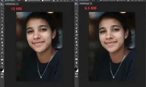 Portret wielokrotny młodej kobiety z uśmiechem, porównanie dwóch wersji zdjęcia: 12 MB i 6.5 MB.