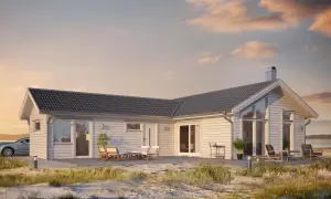Ett modernt hus, där två husdelar är byggda ihop i vinkel, med altan och utemöbler. En bil står parkerad vid sidan.