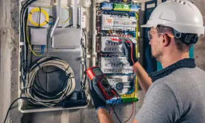 Elektryk w kasku mierzy napięcie w skrzynce z bezpiecznikami za pomocą multimetru.