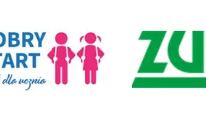 Logo "Dobry Start 300 dla ucznia" z sylwetkami dzieci i logo ZUS. Dobry start dla każdego ucznia.