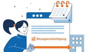 Frau erteilt Einzugsermächtigung für regelmäßige Zahlungen, was durch ein Häkchen und Euro-Scheine symbolisiert wird. Effizientes EFT Banking.