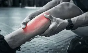 Ból mięśnia łydki po treningu. Czerwony obszar wskazuje na stan zapalny. Może pomóc diklofenak maść.
