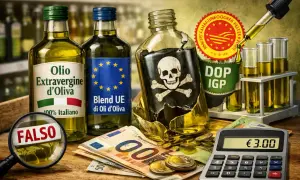 Olio extravergine di oliva DOP contraffatto, con teschio e ossa incrociate, monete, banconote e calcolatrice.