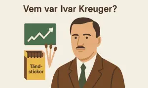 Illustration av Ivar Kreuger med tändstickor och en graf som visar uppgång.