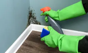 Ręce w zielonych rękawiczkach rozpylają środek czyszczący na grzyb na ścianie i szorują go gąbką.