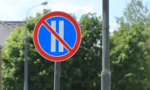 Znak drogowy informuje o **zakazie postoju**. Nie wolno tu zatrzymywać pojazdu.