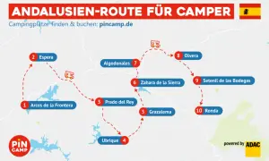 Karte zeigt eine Camper-Route durch Andalusien mit Zielen wie Arcos de la Frontera, Ronda und Olvera. Perfekt für Ihre nächsten Reiseziele Andalusien!