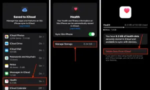 Zrzuty ekranu pokazują proces czyszczenia danych aplikacji Zdrowie z iCloud. Widoczne są opcje zarządzania pamięcią i usuwania danych.