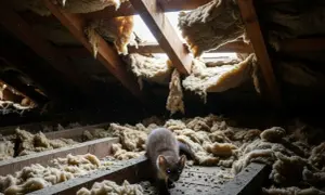 Mała łasica wchodzi w zniszczoną wełnę celulozową na strychu, pokazując problem gryzoni w izolacji.