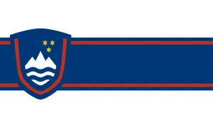 Słowenia flaga z herbem: góry, fale i trzy gwiazdy.