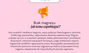 Grafika informuje o objawach niedoboru magnezu i sposobach zapobiegania. Pomaga zrozumieć, jak uzupełnić braki.